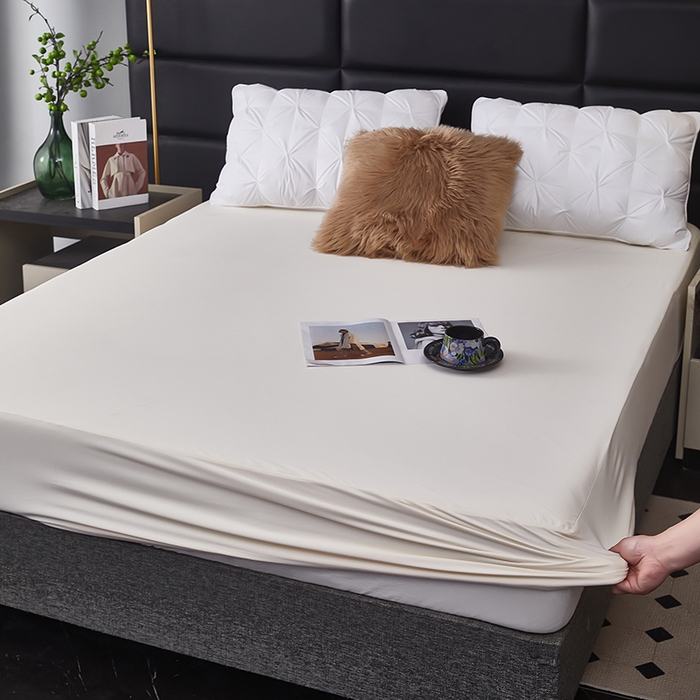 91家纺网 家纺一手货源 找家纺 全美家居 2025新款高克重云柔针织棉防水床笠床笠单件单床笠 奶昔白