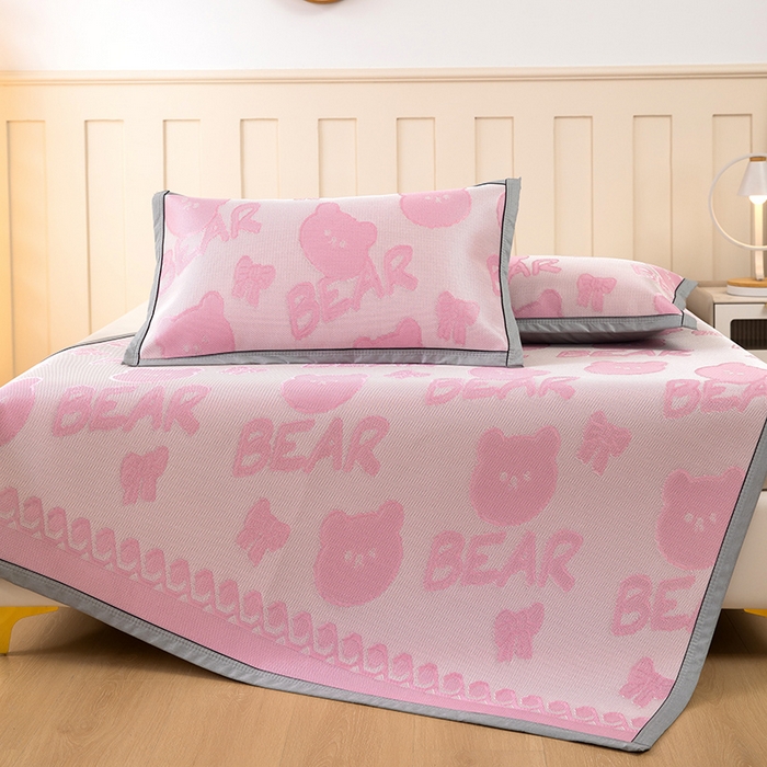 91家纺网 家纺一手货源 找家纺 莱家富 2025新款A类凉感提花冰丝凉席 快乐小熊-粉