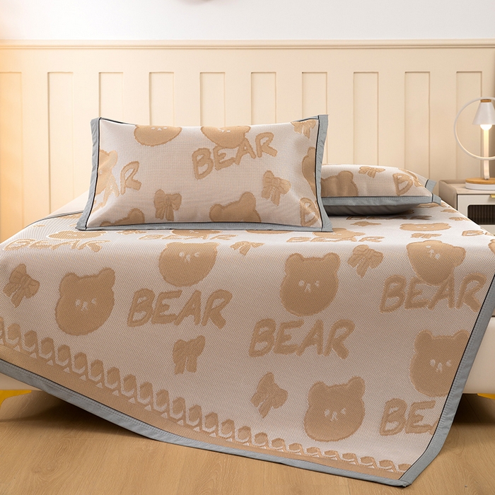 91家纺网 家纺一手货源 找家纺 莱家富 2025新款A类凉感提花冰丝凉席 快乐小熊-奶咖