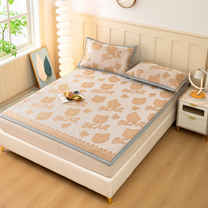 91家纺网 家纺一手货源 找家纺 莱家富 2025新款A类凉感提花冰丝凉席 快乐小熊-奶咖