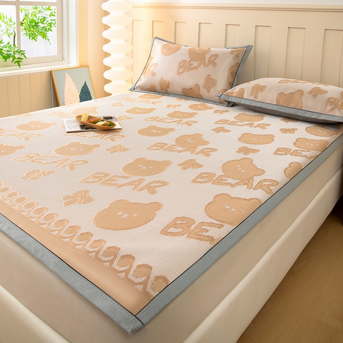 91家纺网 家纺一手货源 找家纺 莱家富 2025新款A类凉感提花冰丝凉席 快乐小熊-奶咖