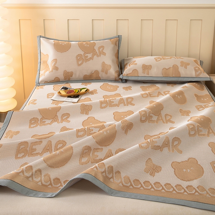 91家纺网 家纺一手货源 找家纺 莱家富 2025新款A类凉感提花冰丝凉席 快乐小熊-奶咖