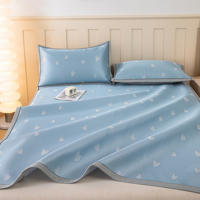 91家纺网 家纺一手货源 找家纺 莱家富 2025新款A类凉感提花冰丝凉席 心仪-天蓝