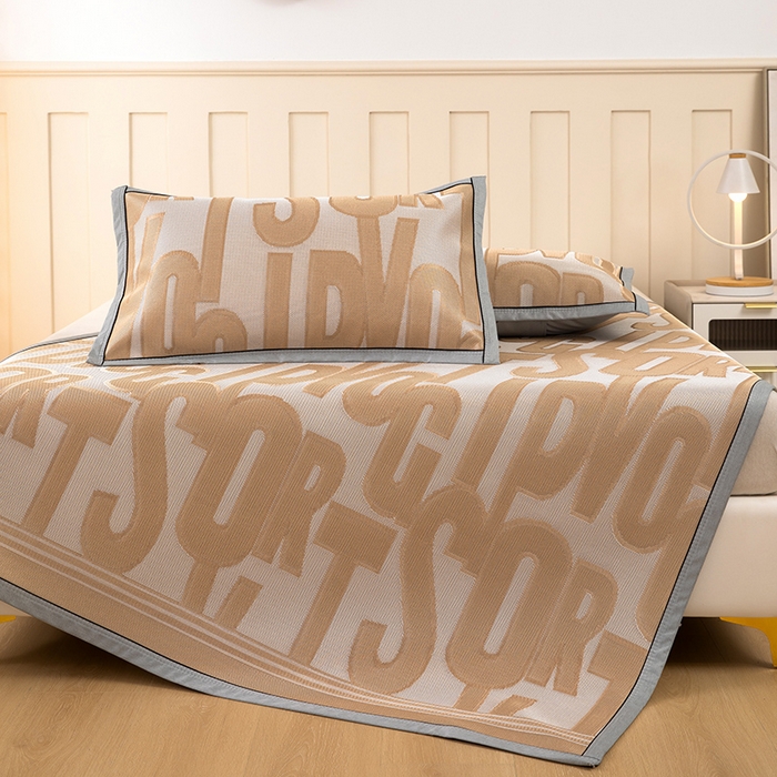 91家纺网 家纺一手货源 找家纺 莱家富 2025新款A类凉感提花冰丝凉席 字母涂鸦-奶咖