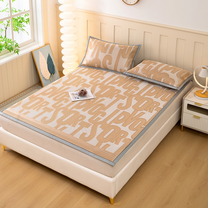 91家纺网 家纺一手货源 找家纺 莱家富 2025新款A类凉感提花冰丝凉席 字母涂鸦-奶咖