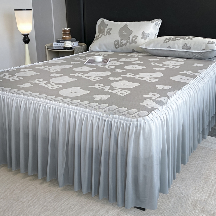 91家纺网 家纺一手货源 找家纺 莱家富 2025新款A类凉感提花冰丝凉席床裙款 快乐小熊-灰