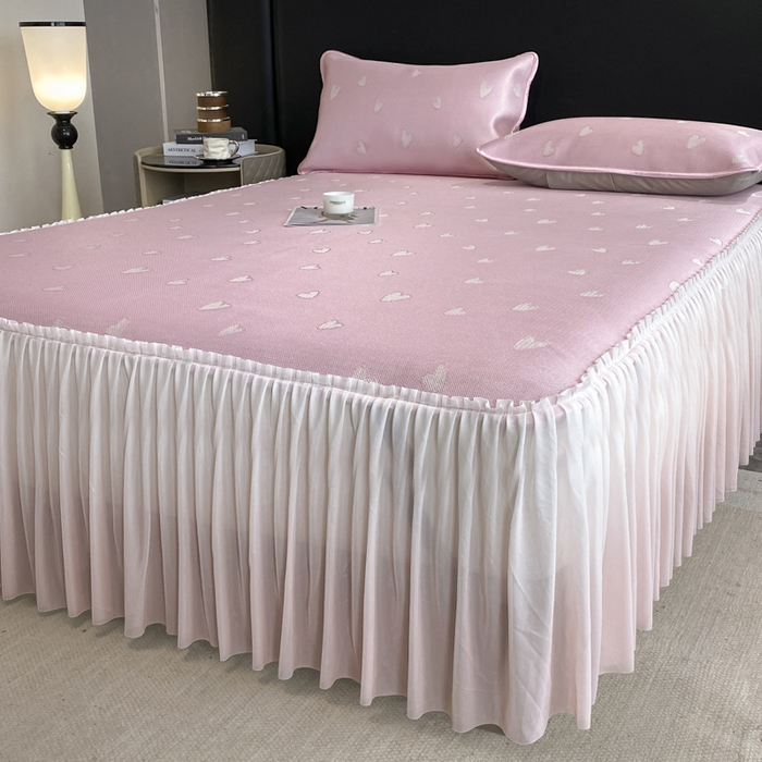 91家纺网 家纺一手货源 找家纺 莱家富 2025新款A类凉感提花冰丝凉席床裙款 心仪-粉