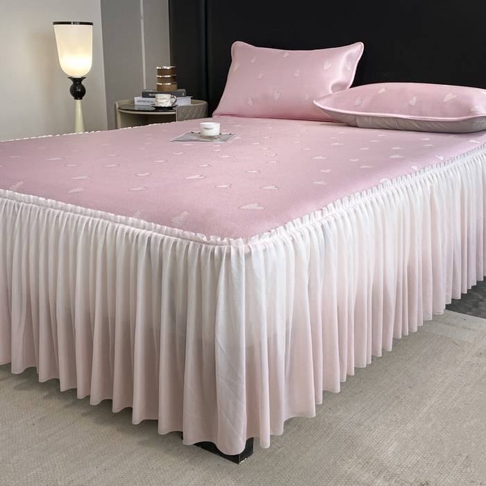 91家纺网 家纺一手货源 找家纺 莱家富 2025新款A类凉感提花冰丝凉席床裙款 心仪-粉