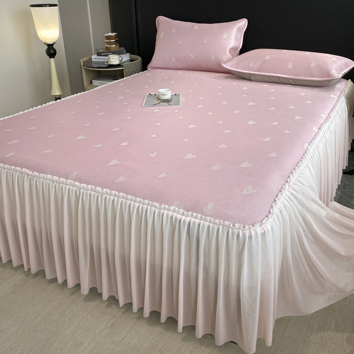 91家纺网 家纺一手货源 找家纺 莱家富 2025新款A类凉感提花冰丝凉席床裙款 心仪-粉