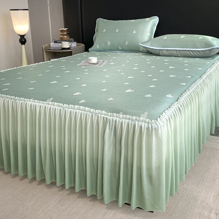 91家纺网 家纺一手货源 找家纺 莱家富 2025新款A类凉感提花冰丝凉席床裙款 心仪-绿