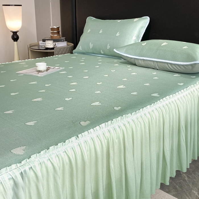 91家纺网 家纺一手货源 找家纺 莱家富 2025新款A类凉感提花冰丝凉席床裙款 心仪-绿