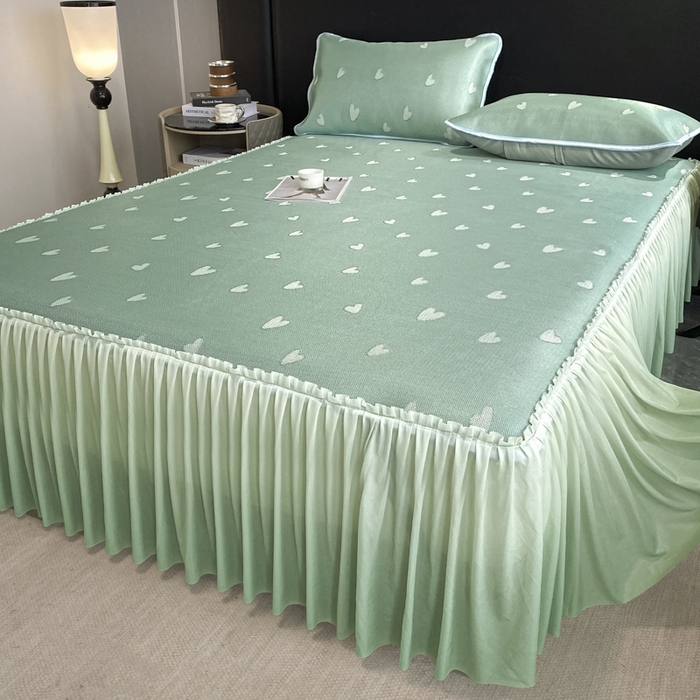 91家纺网 家纺一手货源 找家纺 莱家富 2025新款A类凉感提花冰丝凉席床裙款 心仪-绿