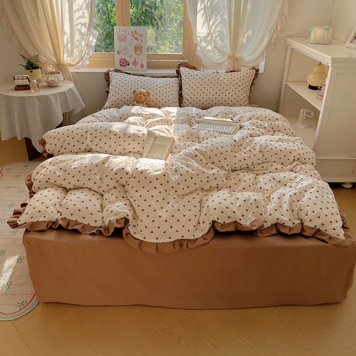 91家纺网 家纺一手货源 找家纺 （总）韩巢家纺 2025新款针织双层纱花边款被套直播热销款四件套学生宿舍床单三件套-（提供卖家秀）