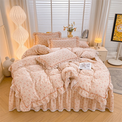 缦彩 2025新款韩版公主风纯棉全棉床裙四件套 沫沫小姐桔