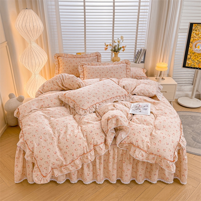 91家纺网 家纺一手货源 找家纺 缦彩 2025新款韩版公主风纯棉全棉床裙四件套 沫沫小姐桔