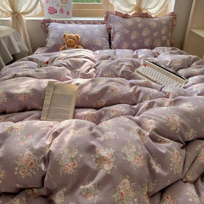 91家纺网 家纺一手货源 找家纺 韩巢家纺 2025新款针织双层纱花边款被套直播热销款四件套学生宿舍床单三件套-（提供卖家秀） 悠然紫