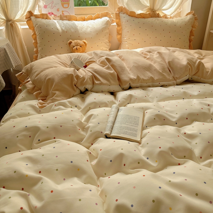 91家纺网 家纺一手货源 找家纺 韩巢家纺 2025新款针织双层纱花边款被套直播热销款四件套学生宿舍床单三件套-（提供卖家秀） 奶油波点米