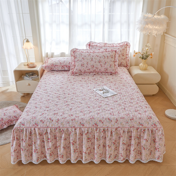 91家纺网 家纺一手货源 找家纺 缦彩 2025新款韩版A类全棉公主风纯棉夹棉床裙 缤纷绮梦