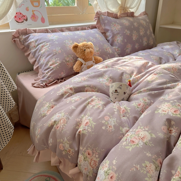 91家纺网 家纺一手货源 找家纺 韩巢家纺 2025新款针织双层纱花边款被套直播热销款四件套学生宿舍床单三件套-（提供卖家秀） 悠然紫