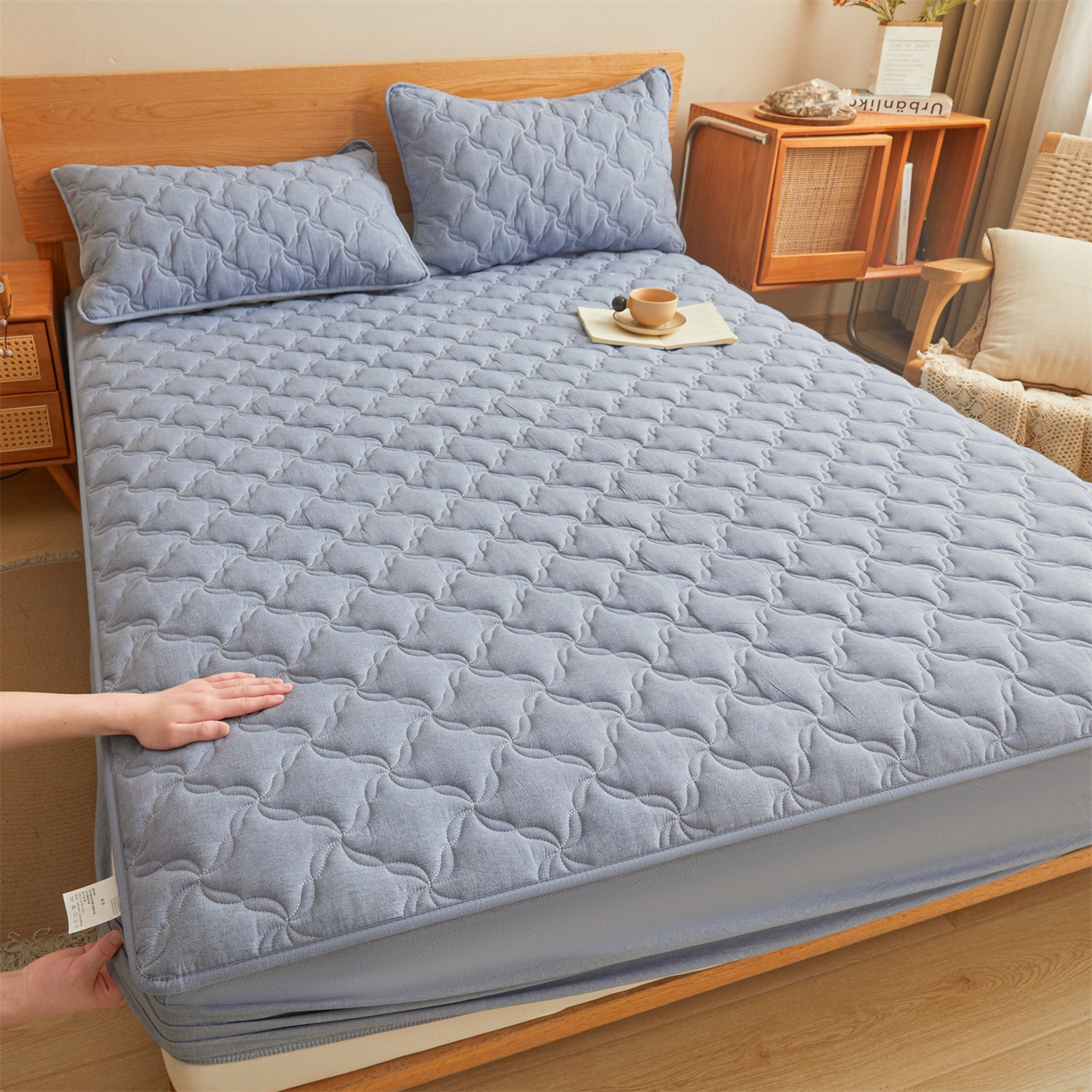 91家纺网 家纺一手货源 找家纺 多谷家纺 2026新款纯棉全棉色织水洗棉大豆夹棉床笠三件套浅牛仔蓝