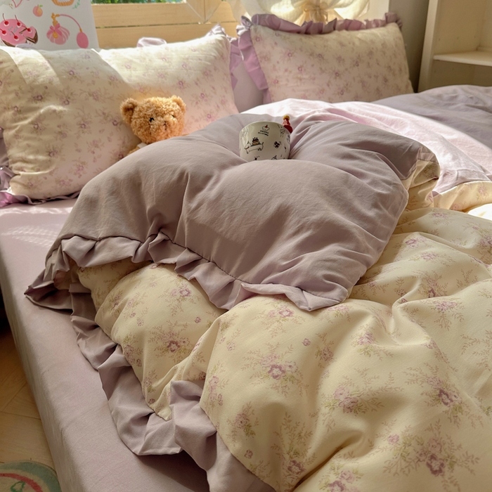 91家纺网 家纺一手货源 找家纺 韩巢家纺 2025新款针织双层纱花边款被套直播热销款四件套学生宿舍床单三件套-（提供卖家秀） 春意花开