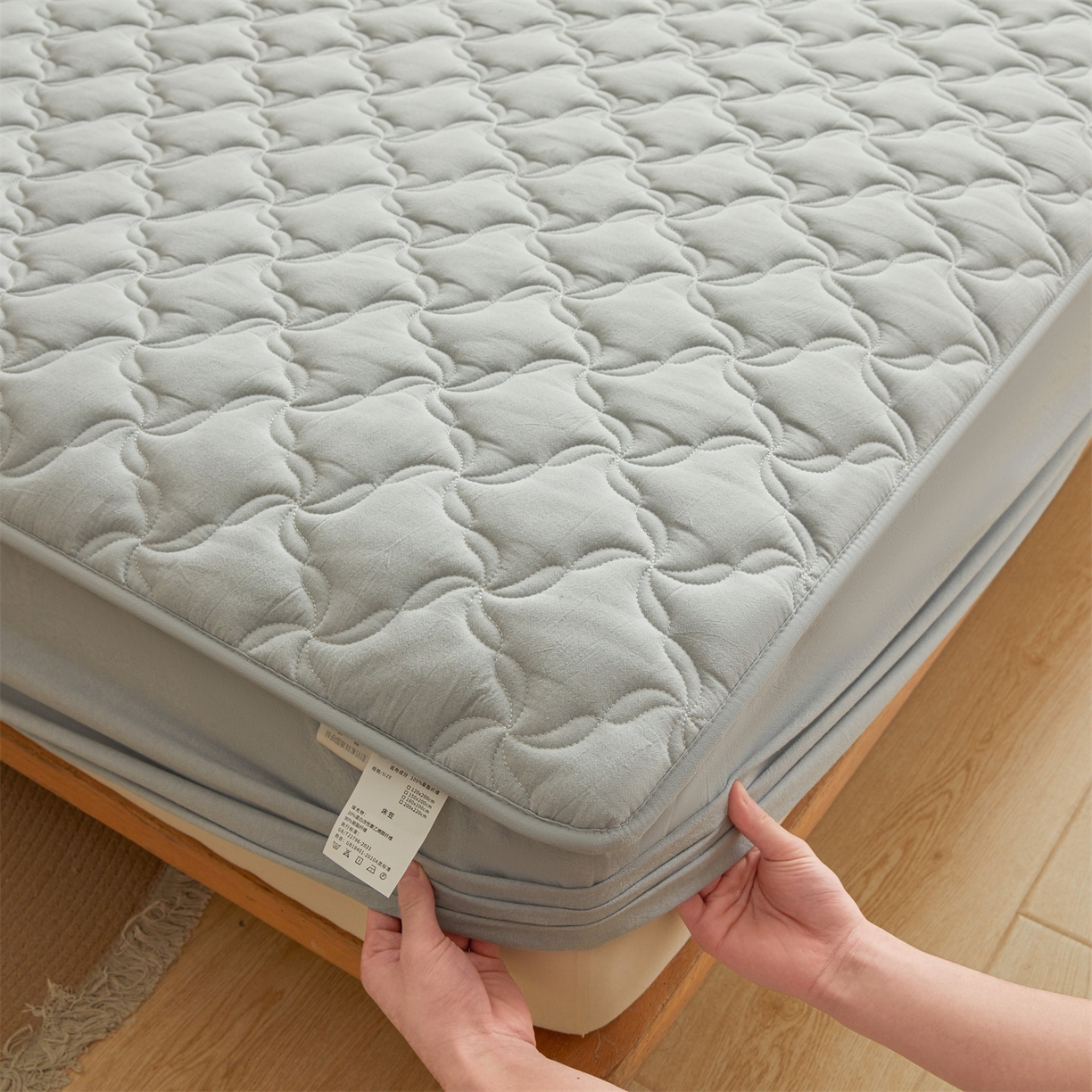 91家纺网 家纺一手货源 找家纺 多谷家纺 2026新款纯棉全棉色织水洗棉大豆夹棉床笠三件套 雾霾蓝