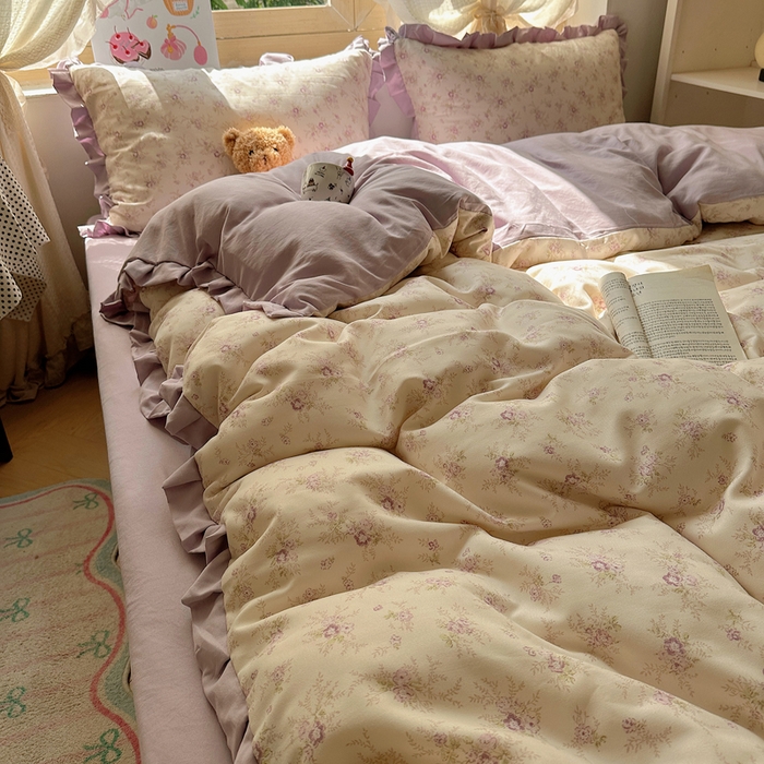 91家纺网 家纺一手货源 找家纺 韩巢家纺 2025新款针织双层纱花边款被套直播热销款四件套学生宿舍床单三件套-（提供卖家秀） 春意花开