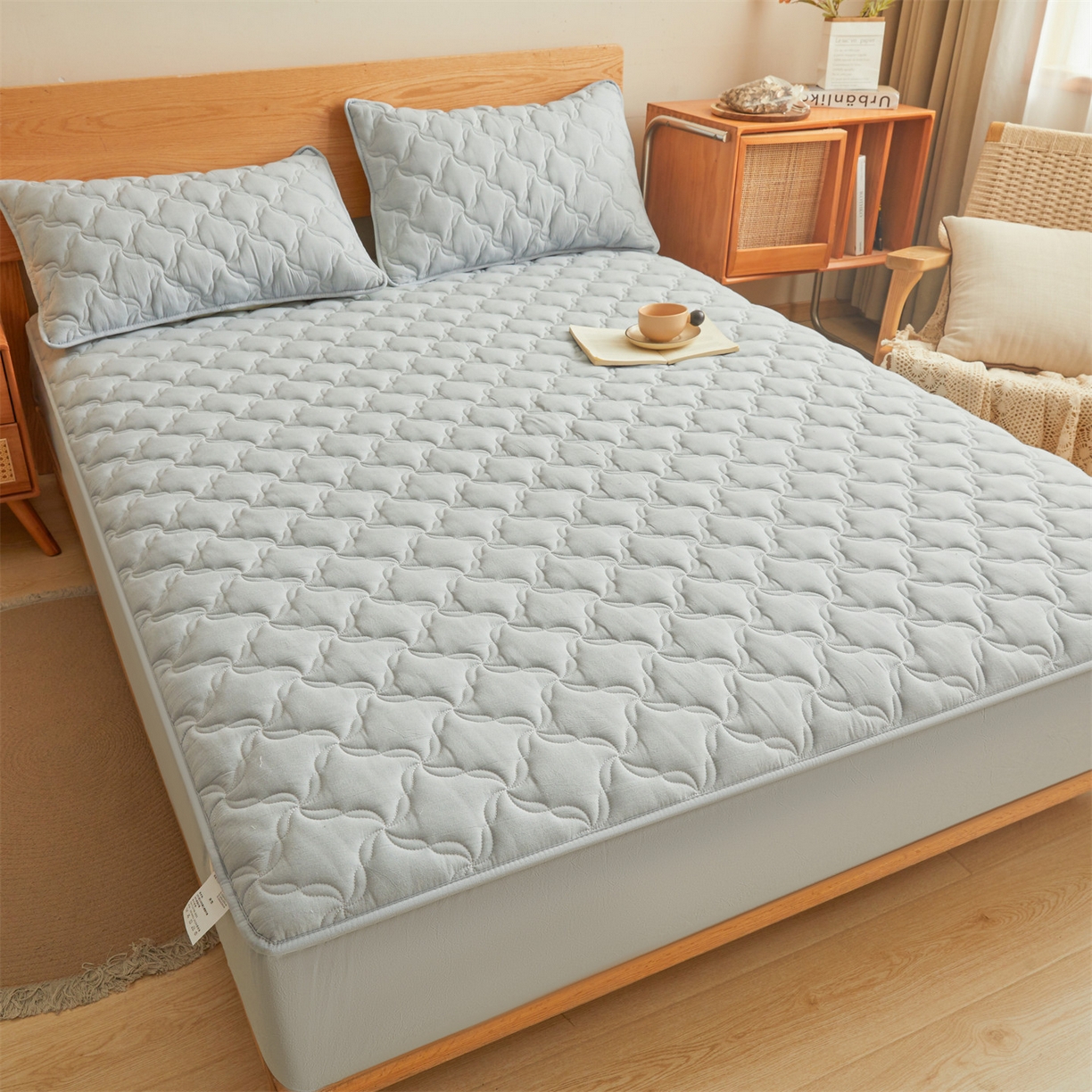 91家纺网 家纺一手货源 找家纺 多谷家纺 2026新款纯棉全棉色织水洗棉大豆夹棉床笠三件套 雾霾蓝