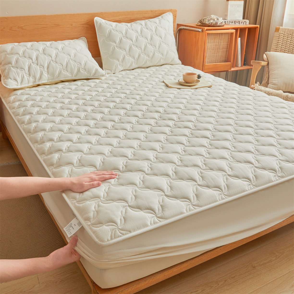 91家纺网 家纺一手货源 找家纺 多谷家纺 2026新款纯棉全棉色织水洗棉大豆夹棉床笠三件套 奶昔白