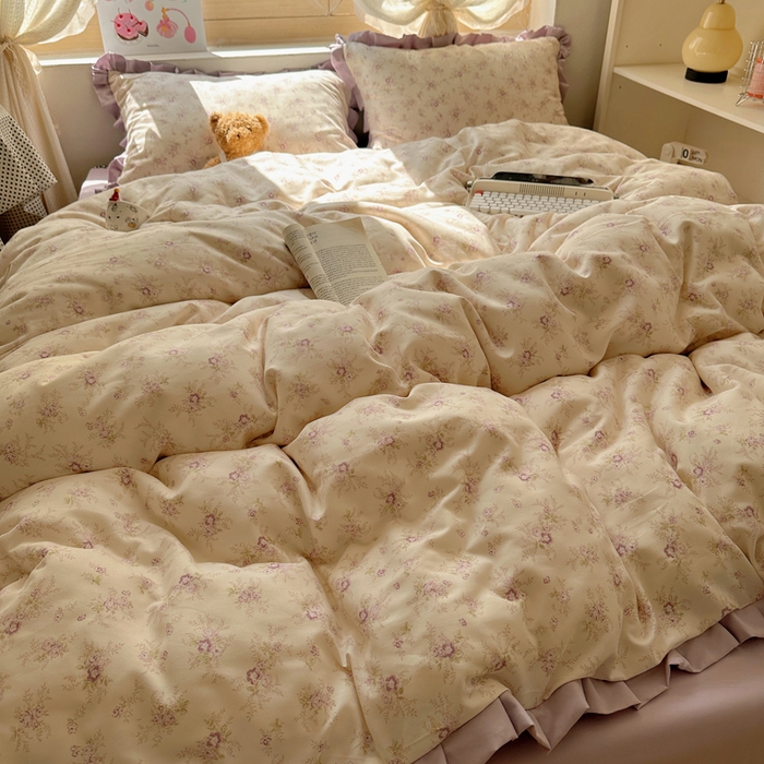 91家纺网 家纺一手货源 找家纺 韩巢家纺 2025新款针织双层纱花边款被套直播热销款四件套学生宿舍床单三件套-（提供卖家秀） 春意花开