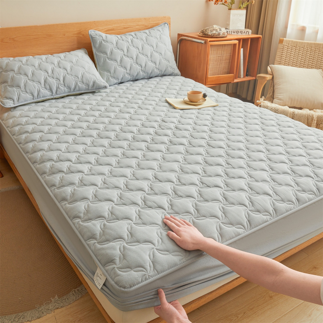 91家纺网 家纺一手货源 找家纺 多谷家纺 2026新款纯棉全棉色织水洗棉大豆夹棉床笠三件套 雾霾蓝