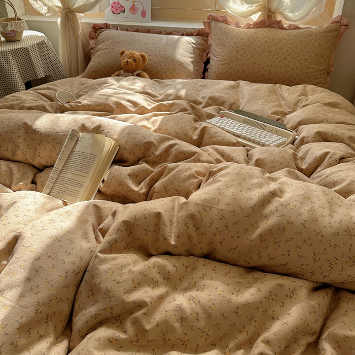 91家纺网 家纺一手货源 找家纺 韩巢家纺 2025新款针织双层纱花边款被套直播热销款四件套学生宿舍床单三件套-（提供卖家秀） 问秋棕