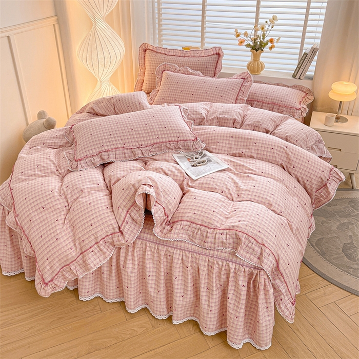 91家纺网 家纺一手货源 找家纺 缦彩 2025新款韩版公主风纯棉全棉床裙四件套 卡曼粉