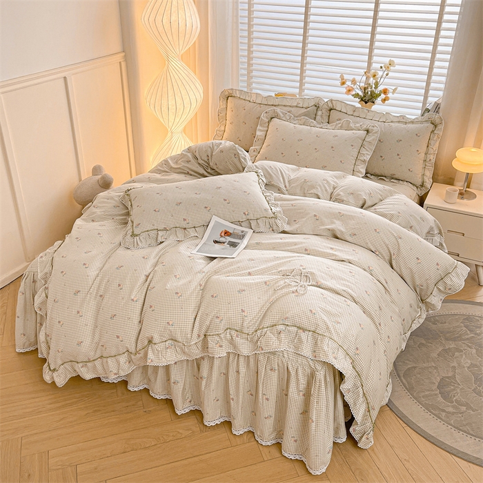 91家纺网 家纺一手货源 找家纺 缦彩 2025新款韩版公主风纯棉全棉床裙四件套 苏语绿