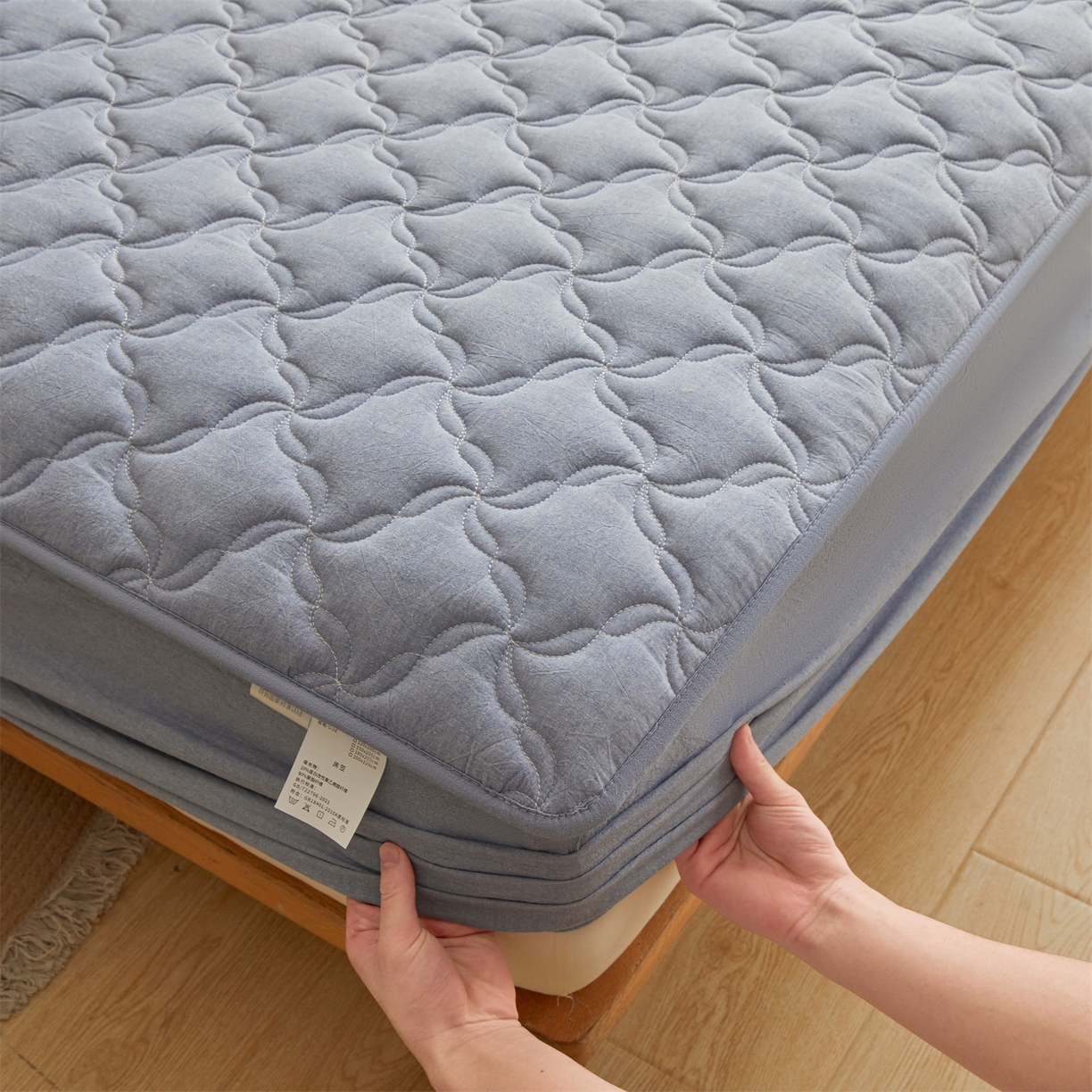 91家纺网 家纺一手货源 找家纺 多谷家纺 2026新款纯棉全棉色织水洗棉大豆夹棉床笠三件套浅牛仔蓝