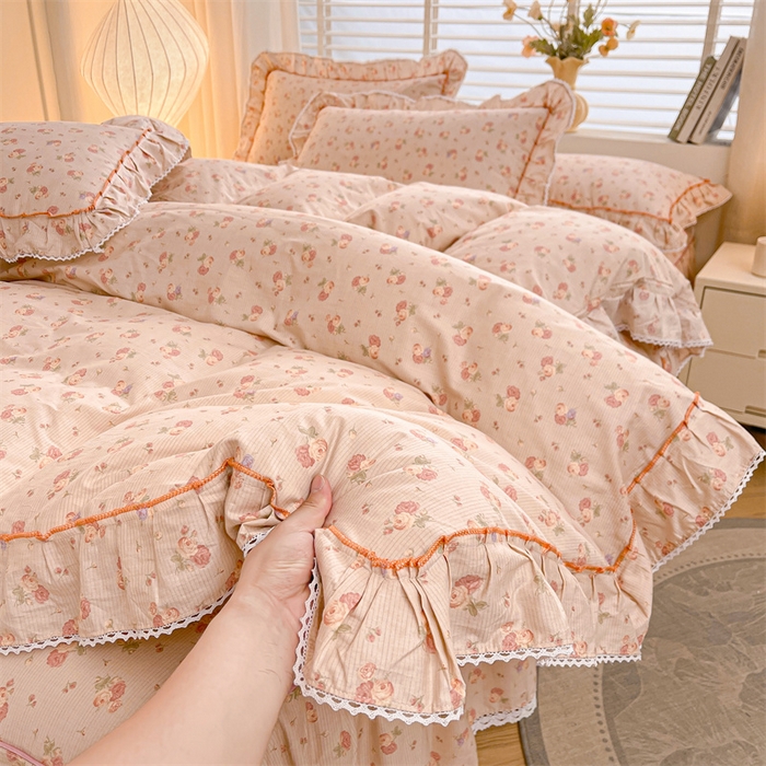 91家纺网 家纺一手货源 找家纺 缦彩 2025新款韩版公主风纯棉全棉床裙四件套 沫沫小姐桔