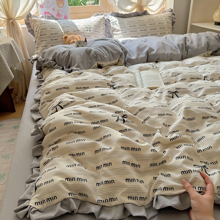 韩巢家纺 2025新款针织双层纱花边款被套直播热销款四件套学生宿舍床单三件套-（提供卖家秀） 敏敏灰