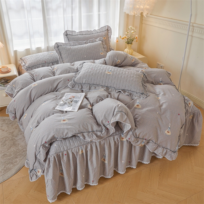 91家纺网 家纺一手货源 找家纺 缦彩 2025新款全棉纯棉夹棉公主风花边床裙四件套 小萝莉