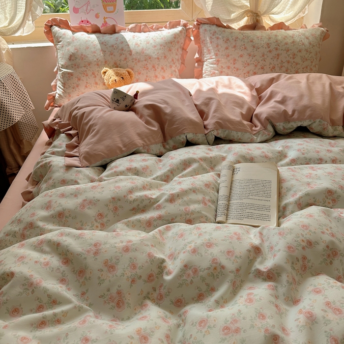 91家纺网 家纺一手货源 找家纺 韩巢家纺 2025新款针织双层纱花边款被套直播热销款四件套学生宿舍床单三件套-（提供卖家秀） 塞林娜绿