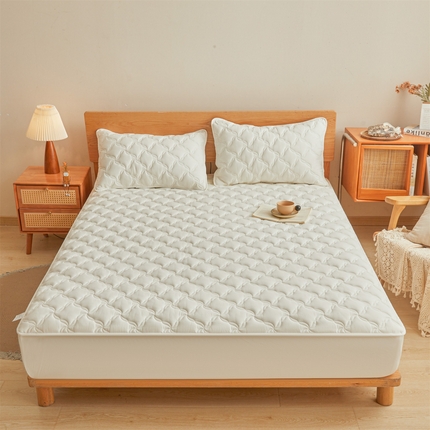 多谷家纺 2026新款纯棉全棉色织水洗棉大豆夹棉床笠三件套 奶昔白