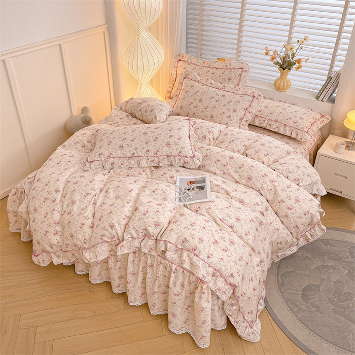 91家纺网 家纺一手货源 找家纺 缦彩 2025新款韩版公主风纯棉全棉床裙四件套 雾岛听风