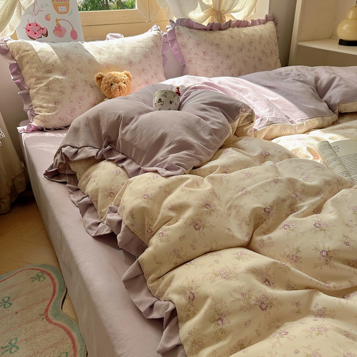 91家纺网 家纺一手货源 找家纺 韩巢家纺 2025新款针织双层纱花边款被套直播热销款四件套学生宿舍床单三件套-（提供卖家秀） 春意花开