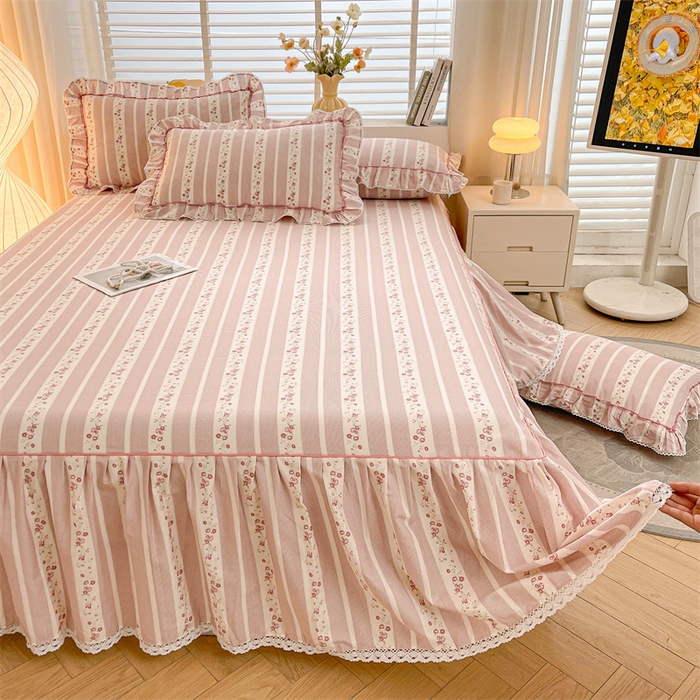 91家纺网 家纺一手货源 找家纺 缦彩 2025新款韩版公主风纯棉全棉床裙四件套 多丽粉