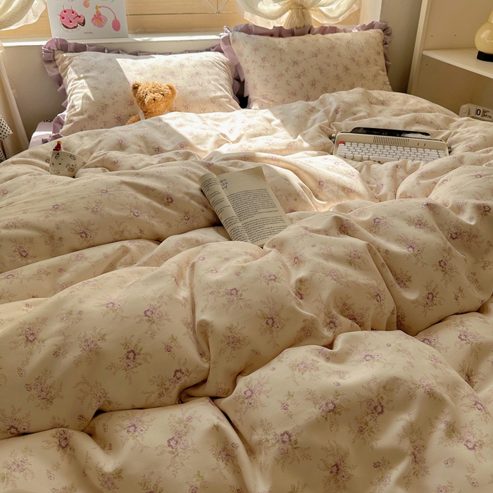 91家纺网 家纺一手货源 找家纺 韩巢家纺 2025新款针织双层纱花边款被套直播热销款四件套学生宿舍床单三件套-（提供卖家秀） 春意花开