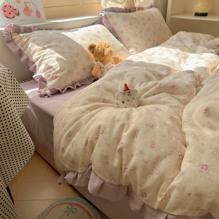 91家纺网 家纺一手货源 找家纺 韩巢家纺 2025新款针织双层纱花边款被套直播热销款四件套学生宿舍床单三件套-（提供卖家秀） 春意花开