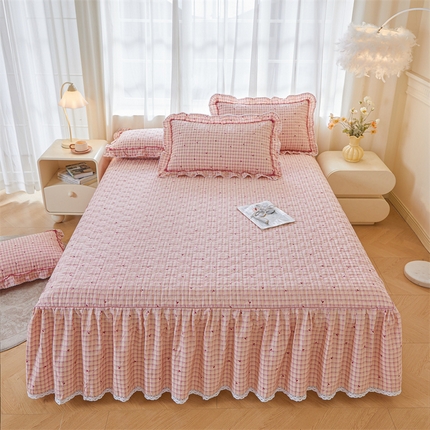 缦彩 2025新款韩版A类全棉公主风纯棉夹棉床裙 卡曼-粉