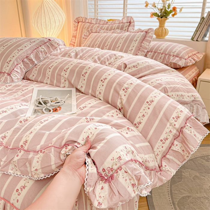 91家纺网 家纺一手货源 找家纺 缦彩 2025新款韩版公主风纯棉全棉床裙四件套 多丽粉