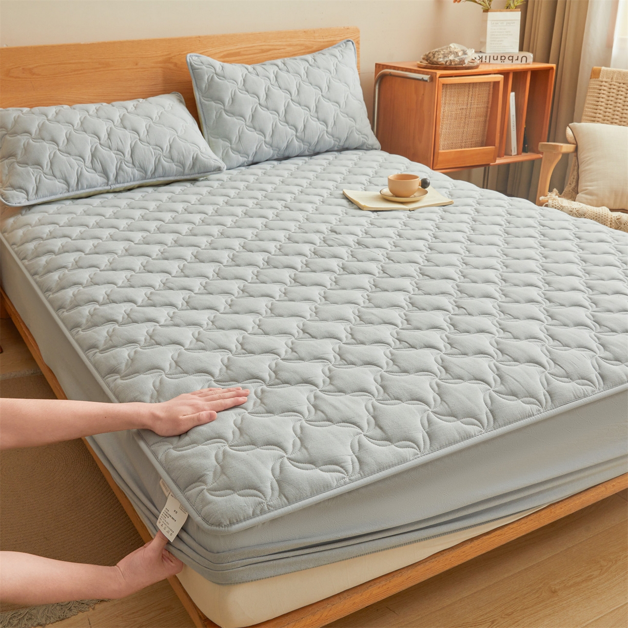 91家纺网 家纺一手货源 找家纺 多谷家纺 2026新款纯棉全棉色织水洗棉大豆夹棉床笠三件套 雾霾蓝