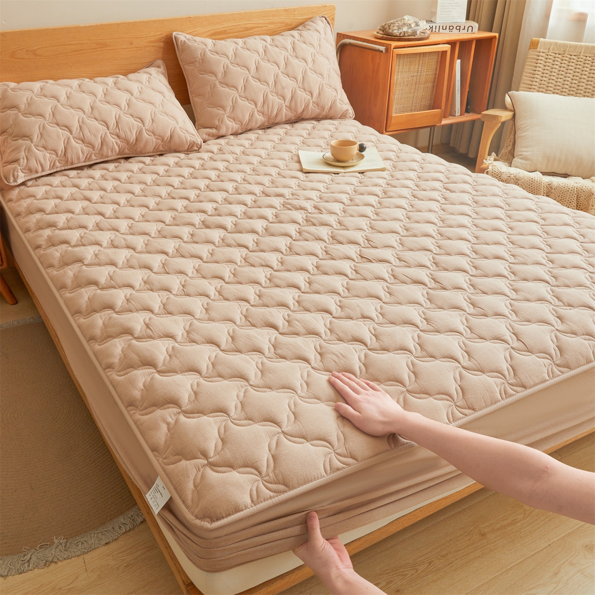 91家纺网 家纺一手货源 找家纺 多谷家纺 2026新款纯棉全棉色织水洗棉大豆夹棉床笠三件套 卡其