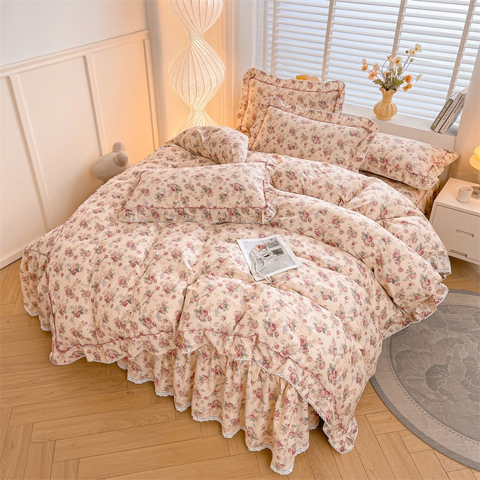 91家纺网 家纺一手货源 找家纺 缦彩 2025新款韩版公主风纯棉全棉床裙四件套 蒂芙尼